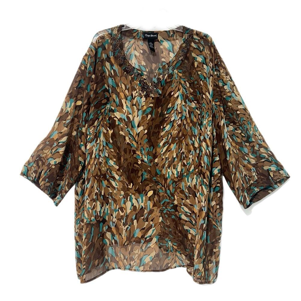 Maggie Barnes Embellished Tunic Top 4X 30-32W Semi sheer Floral Brown